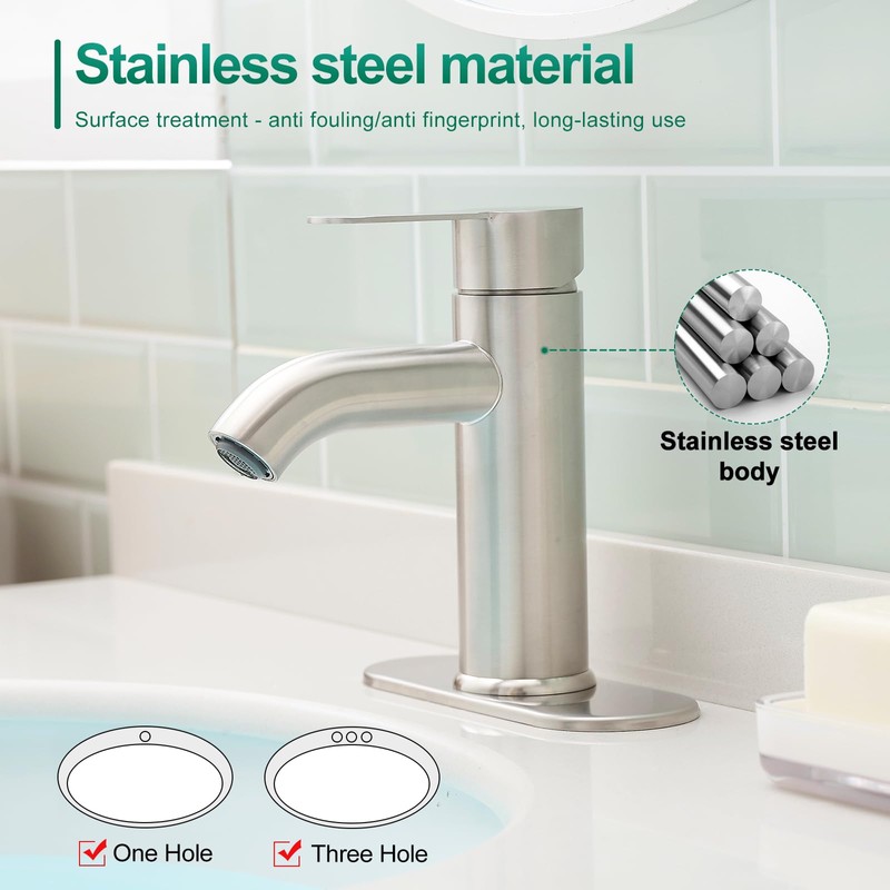 VOTON Brushed Nickel Bathroom Sink Faucet, Single Handle Stainless Steel