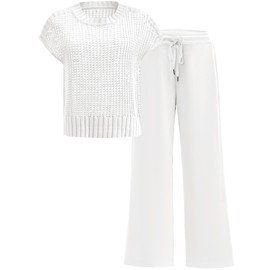ANRABESS Women Two Piece Outfits Crochet Sheer Knit Sweater Top Wide Leg Pants Lounge Matching Sets Sweatsuit Travel Clothes White Large