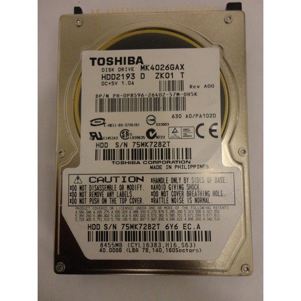 TOSHIBA -HARD DRIVE - 40GB - INTERNAL -2.5 -ATA-100-5400rpm