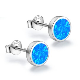 White Gold Plated Sterling Silver Opal Stud Earrings 3mm-8mm Options, Simulated Opal Dot Studs Hypoallergenic Jewellery (Blue-Dot, 7mm)