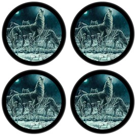 Silicone Non-Slip Drink Coasters with Removable Printed Absorbent Felt Pad - Set of 4 - Wolf Painting