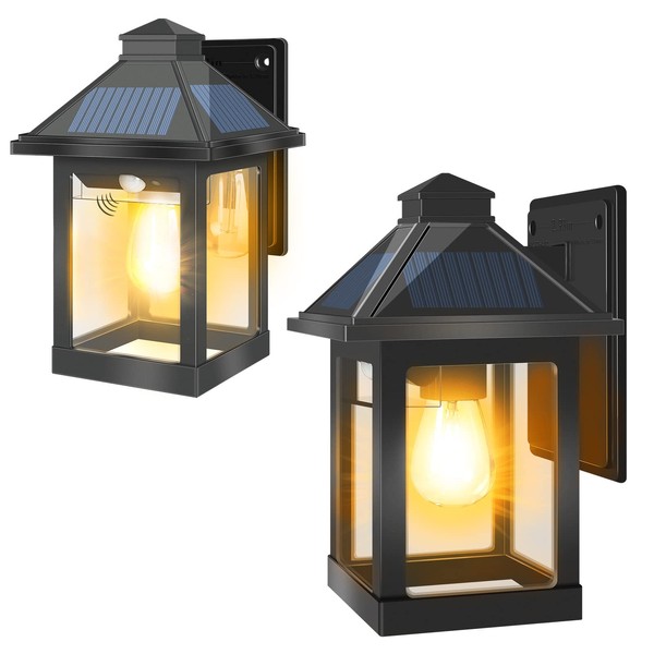 INDARUN Outdoor Wall Lights Solar Lantern, Solar Motion Lights Waterproof with 3 Lighting Modes, Dusk to Dawn Front Porch Lights Wall Sconce Wireless Solar Lamp Wall Mounted Exterior for Patio,Garage