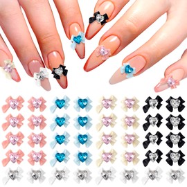 Joez Wonderful Bow Nail Charms with Heart Rhinestones 40pcs, 3D Bow Charms for Nails Art, Resin Cute Kawaii Butterfly Nail Charms for Acrylic Nails, Women Girls Ribbon Bowknot Nail Gems