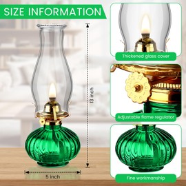 2 Set Chamber Oil Lamp Classic Kerosene Lamp Large Oil Glass Lantern Vintage Hurricane Lamp with Adjustable Fire Wick for Home Indoor Use Chimney Burner, 13 inch Heigh (Green)