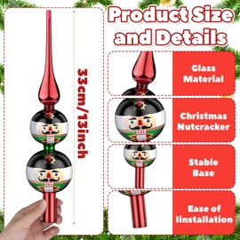Simgoing 13 Inch Glass Nutcracker Christmas Tree Topper 3 Tier Nutcracker Christmas Glass Finial Treetop Decor for Xmas Tree Home Vintage Holiday Decoration