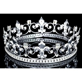 Deluxe Eched Men's Fleur De Lis 2.25" Full King Crown - Clear Crystals Silver Plating T1031