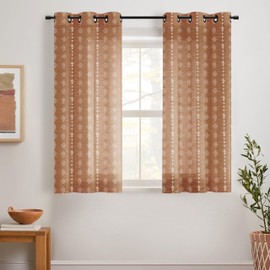 54 Inch Length Sheer Curtains,Boho Floral Linen Semi Light Filtering Curtains for Bedroom Living Room Kitchen Window 2 Panels Set