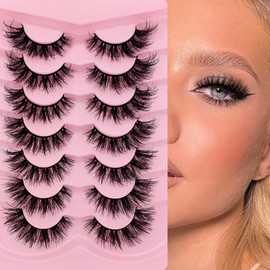 7 Pairs of 3D False Eyelashes, Cat Eye, Fluffy Volume, Curly, Cat-Eye, Artificial Eyelashes, Natural Look, Reusable, Handmade Faux Mink Makeup Eyelashes (7P-XK05)