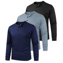 Kinglaman 3 Pack Men's Henley Shirts Dry Fit Long Sleeve Casual Tee Gym Workout Lightweight Regular-Fit T-Shirts 1 Black 1 Gray 1 Blue X-Large