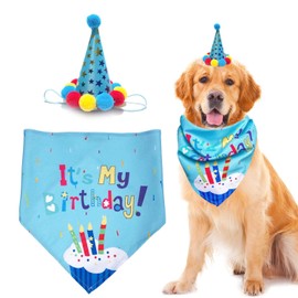 Dog Birthday Bandana Hat Set, Dog Birthday Party Accessories, Funny Dog Birthday Accessory, Adjustable Neckerchief and Party Hat, Blue
