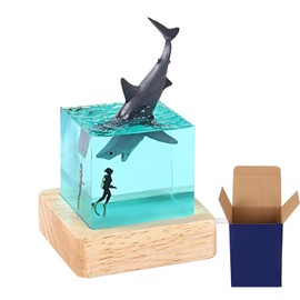 cimsfcor Epoxy Resin Shark Night Light, Night Lamp with Humpback Whale Shark Diving Lamp with Wooden Base for Home Office Decoration (Megalodon)