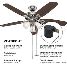 Zing Ear ZE-208S5-1T 5 Wire 4 Speed Ceiling Fan Rotary Switch Ceiling Fan Light Lamp Replacement Switch with Bronze Pulling String