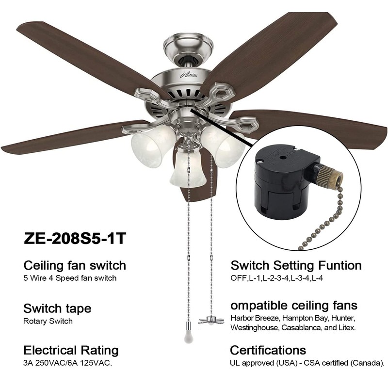 Zing Ear ZE-208S5-1T 5 Wire 4 Speed Ceiling Fan Rotary