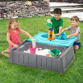 Simplay3 Sand and Water Kids Bench, 2-in-1 Sand and Water Table with Outdoor Storage Bench, Gray and Teal