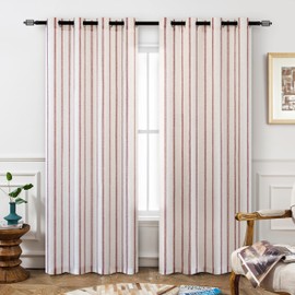DriftAway Farmhouse Linen Blend Blackout Curtains 84 Inches Long for Bedroom Vertical Striped Printed Linen Curtains Thermal Insulated Grommet Lined Treatments for Living Room 2 Panels W52 x L84 Red