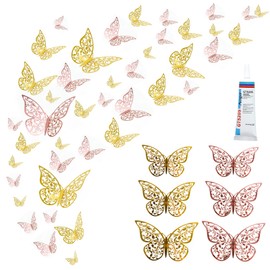 72PCS Butterfly Wall Stickers with Glue, 3 Sizes Butterflies 3D Stickers Decorations for Birthday Wedding Home (Gold & Rose Gold)