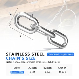 304 Stainless Steel Chain 100ft Hanging Chain Metal Chains Link Jack Chains for Home Light Clothes Leash Outdoor Camping Hanging Pet Chain Prevention Theft, Thickness 0.0787in (2mm)/Lngth 100ft