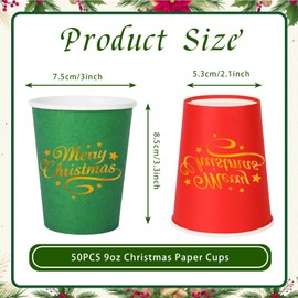 JarThenaAMCS 50Pcs Christmas Paper Cups 9 oz Red Green Merry Christmas Disposable Drinking Cups Xmas Holiday Party Cups for Christmas Winter Party Decoration Supplies