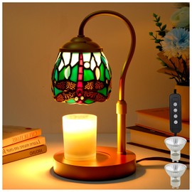 Tiffany Style Candle Warmer Lamp with Timer, Dimmable Dragonfly Stained Glass Candle Lamp Warmer, Vintage Candle Light for Scented Candles with 2 Bulbs for Home Deco Birthday Gifts for Mom Women