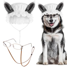 3 Pcs White Granny Wolf Costume for Dog Mop Cap with Grey Ears Grandma Glasses with Strap for Pet Cosplay Party Big Bad Wolf Funny Costume for Small Medium Large Dogs(Medium)