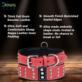 Genuine Leather Studded Dog Collar | Brazier Rivet | 2” Wide Dog Collar | Saddle Grade, Heavy Duty, Cushion Padding | Best for Medium, Large, XL Dog Breeds (M (Fit Neck Size 14.5"-18.5"), Red)