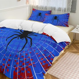 Spider Web Duvet Cover Sets (3 Piece) Cartoon Theme Blue Red Printed Bedding Set for Boys Girls Teens Child Soft Microfiber (1 Duvet Cover 90x102in + 2 Pillow Sham 20x30in)