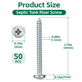 XwaYexa 50Pcs Sheet Metal Screw, Septic Tank Riser Screw for Tuf-Tite Risers and Lids,18-8 Stainless Steel Septic Lid Screw, 10 Thread Size, 1 3/4" Length, Plain Finish, Pan Head, Type A