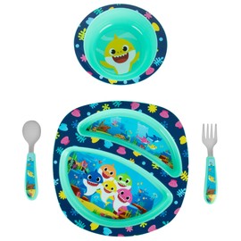 The First Years - Juego de vajilla de tiburón para bebé, juego de platos y cuencos para niños, incluye 1 plato para niños, tazón para niños pequeños, tenedor y cuchara para niños pequeños, 4 unidades,