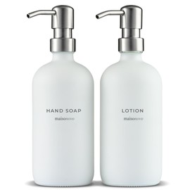 MaisoNovo Soap Dispenser 2-Piece Set | 16.9oz White Bottles with Silver Stainless Steel Pump Core