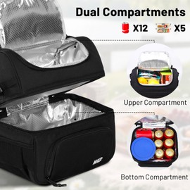 MIER Dual Compartment Lunch Bag Tote with Shoulder Strap for Men and Women Insulated Leakproof Cooler Bag, Black
