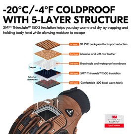 Vgo... -20℃/-4°F COLDPROOF,Winter Work Leather Gloves,Mechanics Gloves,Impact Gloves,Anti-Vibration Gloves,Heavy Duty,Water Resistant(Size XXL,Brown,CA7722FLWP)