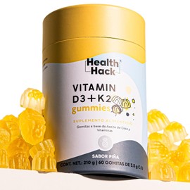 Health Hack Vitamina D3 + K2 en Gomitas con Aceite de Coco, Coenzima Q10 y Magnesio, 400 UI D3, 30 ug K2 (Menaquinonas), 100 mg CoQ10 por Porción, Sabor Piña, Sin Azúcar, 60 Gomitas