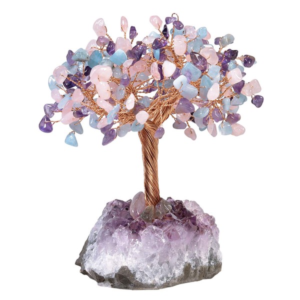 TUMBEELLUWA Natural Crystal Chips Money Tree for Good Luck and Wealth Handmade Stones Figurine Bonsai Tree with Natural Amethyst Cluster Base, Amethyst+Rose Quartz+Aquamarine