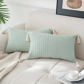 sykting Cream and Sage Green Throw Pillow Covers 12x20 Textured Modern Farmhouse Boho Pillow Covers with Tassels Set of 2 Cotton Woven Patterned Cushion Covers Decorative for Couch Sofa Bed