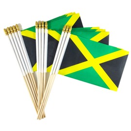 Newperlite Jamaica Stick Flag Jamaican Small Mini Hand Held Flags - Solid Wooden Pole and Spear Top,12 Pack, 5x8 Inches