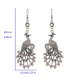 Vintage Peacock Dangle Hook Earrings for Women Girls Bohemian Blue Crystal Feather Peafowl Statement Drop Dangling Stud Earring Boho Xmas Holiday Wedding Jewelry Gifts for Her (AB Crystal)
