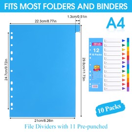 File Dividers A4, 1-12 Folder Divider, 3 Pack Extra Wide Pre-Punched Leverl Arch Binder Dividers in Assorted Colours, Plastic (Centimeters, A4-10 Packs Color TAB)