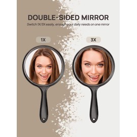 OMIRO Hand Mirror, Double-Sided Handheld Mirror 1X/3X Magnifying Mirror with Handle, Pack of 1 (Transparent Black)
