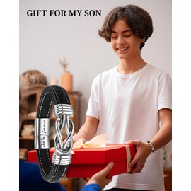 BOCHOI Christmas Gifts to My Son Bracelet from Dad Mom, Stocking Stuffers for Teen Boys Men's Black Leather Bracelet Engraving Infinity Knot Bracelet Jewelry, Ideal Birthday Gift Bonus Son 8.5inch