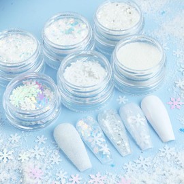 White Snowflakes Nail Glitter Sequins Holographic Snowflakes Nail Powder 3D Nail Art Flakes Powder Kit Sparkling Christmas Acrylic Nail Art for Decorations Winter Xmas Nails Supplies DIY 6 Jars