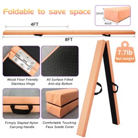 FC FUNCHEER 8FT Folding Balance Beam -Gymnastics Floor Beam -Gymnastics Equipment for Kids,Wood core- Anti-Slip Bottom and Carrying Bag for Home (Suede, Bright Orange)