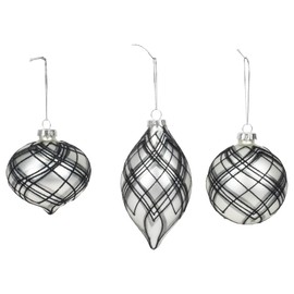 Napco Sparkle Black Plaid Ball Finial 3 x 3.25 Glass Decorative Hanging Ornament Set of 3, 52164