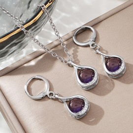 17IF Silver Jewelry Sets for Women Sparkle Purple Teardrop Crystal Bridal Bridesmaid Rhinestone Necklace Earrings for Wedding Birthday Prom