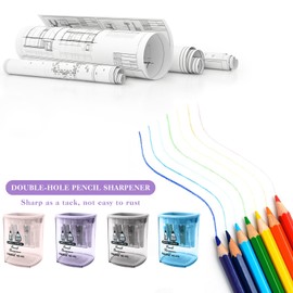 4 PCS Double-Hole Pencil Sharpener with Container, Metal Pencil Sharpener Suitable for Graphite, Colour Pencils, Eyebrow Pencil, Eyeliner, Lip Liner