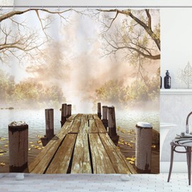 Ambesonne Autumn Shower Curtain, Old Wooden Jetty on a Lake with Fallen Leaves and Foggy Forest in Distance, Cloth Fabric Bathroom Decor Set with Hooks, 75" Long, Brown Taupe