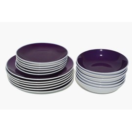 HomeVss Stoneware Coupe 18pc Dinner Set, Outside White + Inside Purple