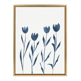 Kate and Laurel Sylvie Indigo Tulips on White Framed Canvas Wall Art by Teju Reval of SnazzyHues, 18x24 Gold, Floral Art for Wall
