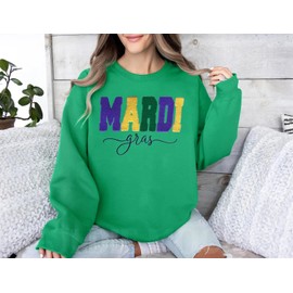 YALUCOR Women Mardi Gras Sweatshirt New Orleans Carnival Outfit Chenille Patch Pullover Tops Fat Tuesday Gift Sweatshirt