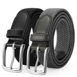 LEACOOLKEY 2 Pack Men’s Braided Elastic Belts Casual Stretch Woven Golf Belts for Jeans Pants， Black+Grey with silver buckle 1.18" wide