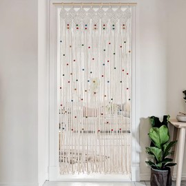 ANMINY Macrame Door Curtain Boho Beaded Curtain for Doorways Handmade Doorway Beads Curtain Bedroom Window Curtains with Wooden Rings Cotton Woven Macrame Wall Hanging Hippie Room Decor 35.4" x 78.7"